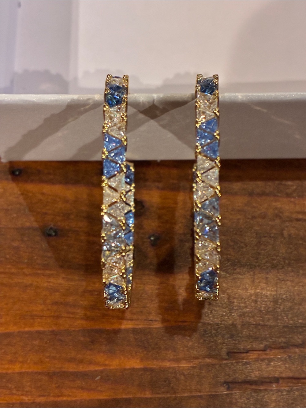 Gold tone Hoop Earrings with Blue and White Crystals